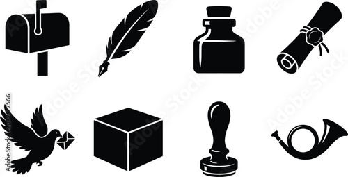 Foto Vintage postal service and communication silhouette icon set featuring a mailbox