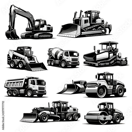 Collection of heavy construction machinery and equipment in black and white