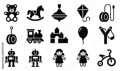 Kids toys and children play vector icon set with teddy bear, rocking horse, spinning top, kite, yo yo, toy train, blocks, balloon, robot, doll and scooter symbols collection