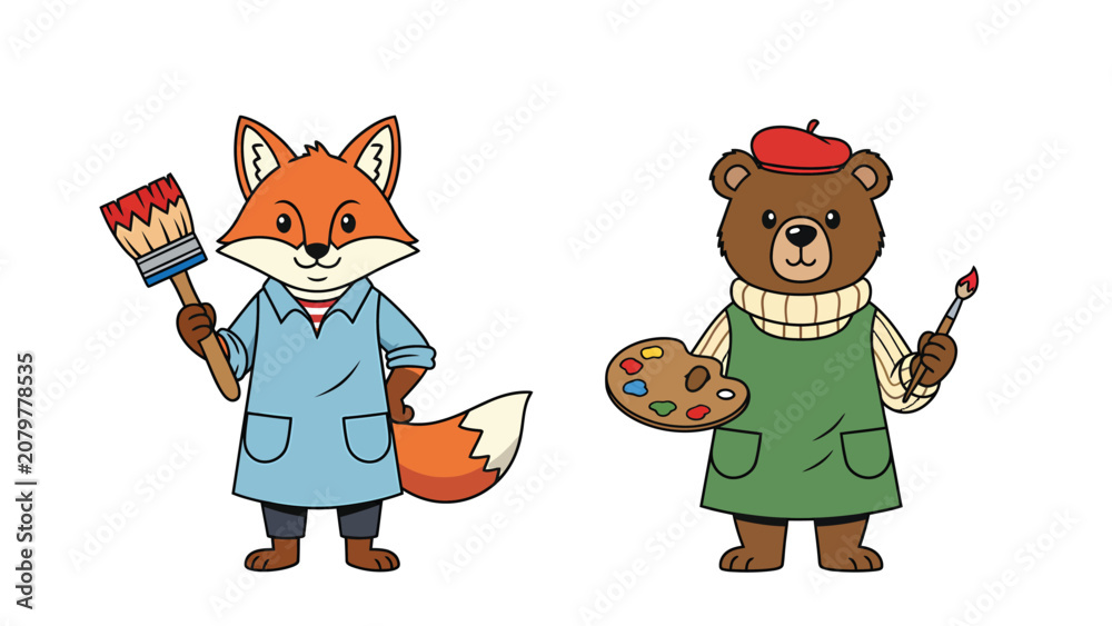 Fototapeta premium Cute cartoon fox and bear dressed as artists, holding painting supplies and smiling.