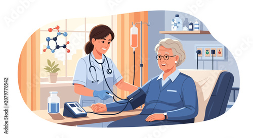 Nurse checks blood pressure of elderly patient in hospital room.