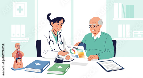 Doctor discusses medical results with elderly patient in office.