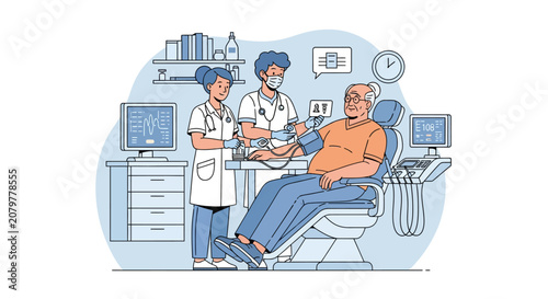 Doctor and nurse taking patients blood pressure in clinic.