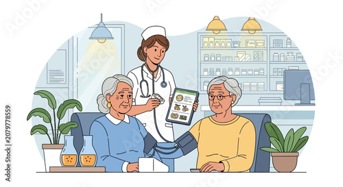 Nurse checks blood pressure of elderly couple in home care setting.