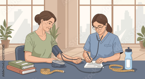 Nurse checks patient blood pressure in medical office setting.