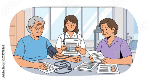 Doctor checks elderly patient blood pressure with nurse present.