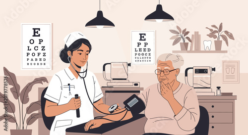 Nurse checks elderly patient blood pressure in medical office.