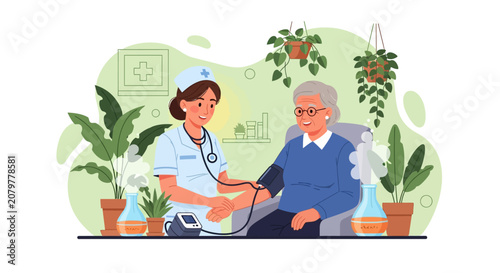 Nurse checks elderly patients blood pressure with stethoscope.