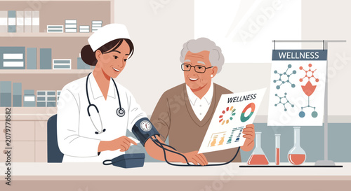 Nurse checks elderly patients blood pressure in medical office.