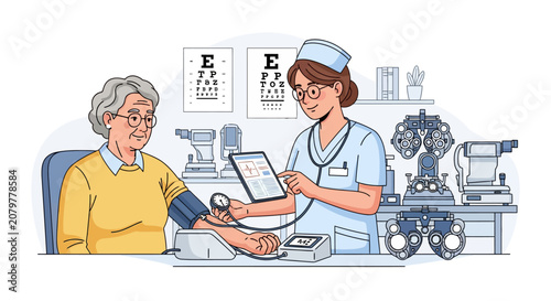 Nurse checks elderly patients blood pressure in clinic.