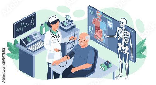 Doctor checking patient blood pressure with medical equipment and skeleton display.