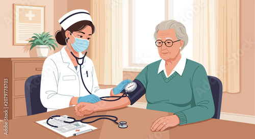 Nurse checks elderly mans blood pressure at home.