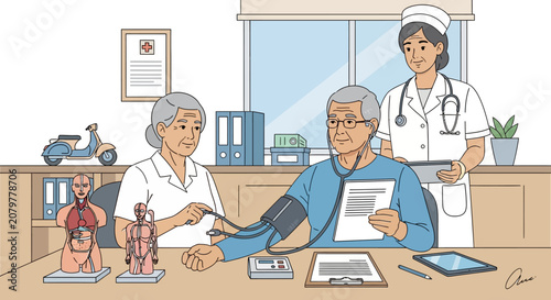 Nurse checks elderly mans blood pressure with female doctor assisting.