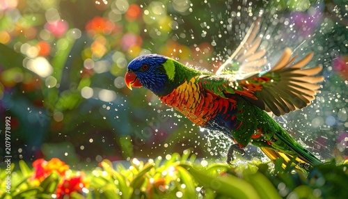 Rainbow Lorikeet Flying Through Water Splashes in a Vibrant Tropical Garden