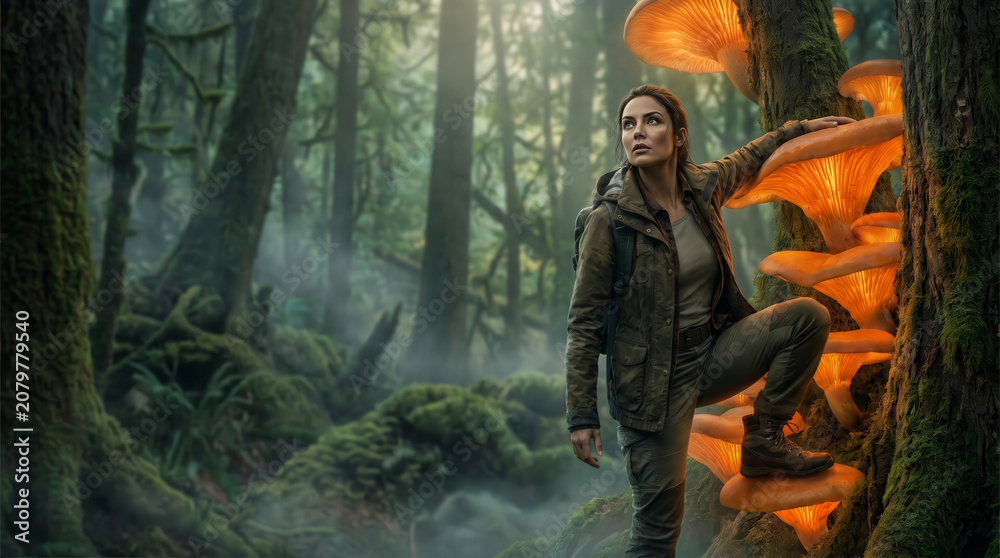 Fototapeta premium Adventurous woman explores a mystical forest. Glowing mushrooms illuminate the path, casting an enchanting glow. The scene blends wonder, curiosity, and quiet magic.