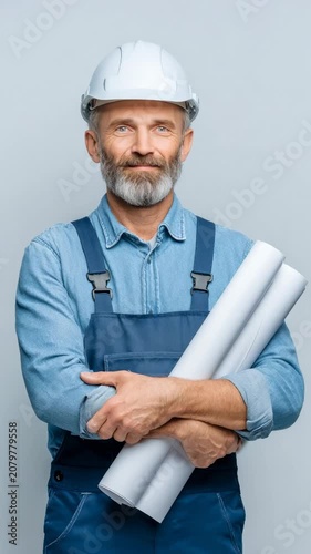 Smiling construction worker with blueprints and hard hat, ready for project planning