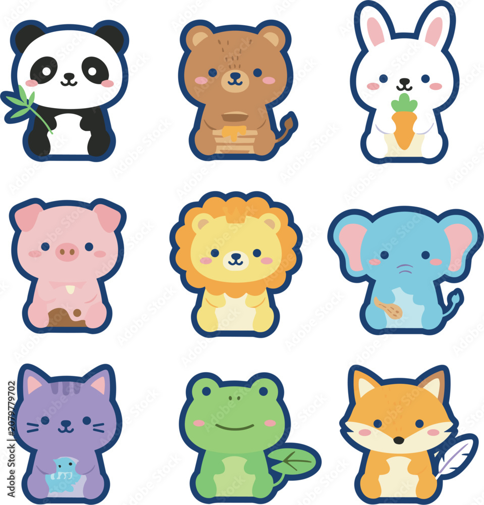Fototapeta premium Cute Kawaii Animal Vector Character Set Featuring Panda Bear Rabbit Pig Lion Elephant Cat Frog and Fox for Sticker Graphic Designs