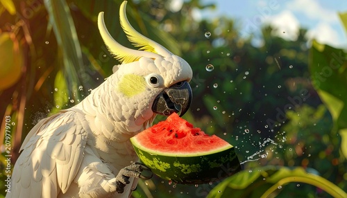 White Cockatoo Parrot Eating Fresh Watermelon Slice with Water Splashes