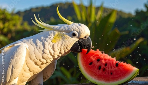White Cockatoo Parrot Eating Fresh Watermelon Slice with Water Splashes