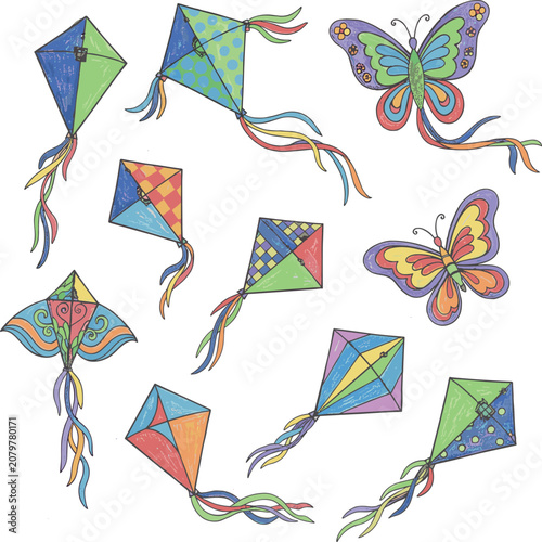 Obraz na płótnie Colorful Hand Drawn Style Kite Vector Illustration Icon Set Featuring Diamond Ge