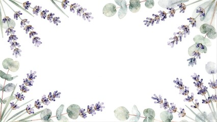 Lavender and eucalyptus watercolor frame on white background.