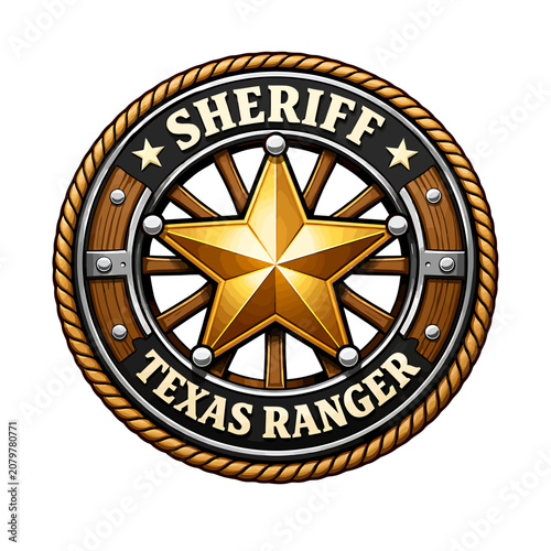 Texas Ranger Sheriff Badge with Gold Star and Rope Design