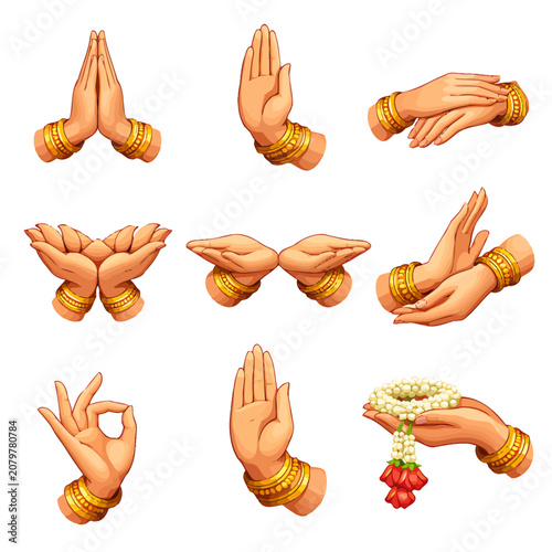 Traditional Thai Wai Gestures with Golden Bracelets and Flower Garland