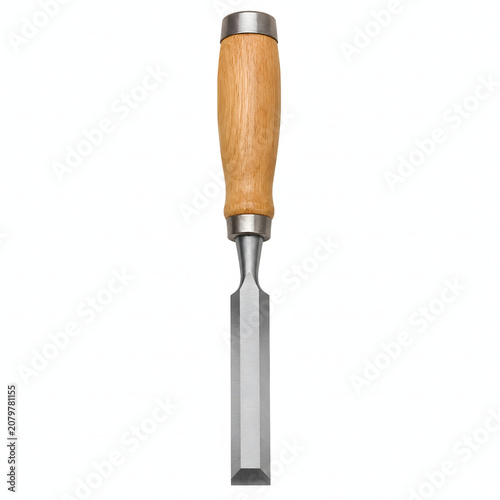 Wood Chisel with Wooden Handle Isolated on White Background, Professional Carpentry Hand Tool