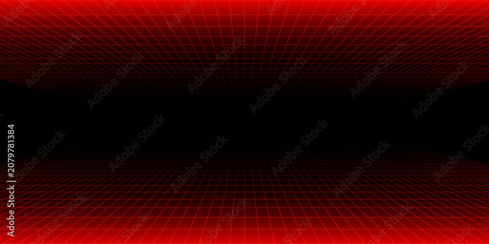 Fototapeta premium Red glowing neon wireframe background. Shining diagonal checkered grid planes in perspective. Retro futuristic depth wallpaper. Arcade game sci fi matrix surface backdrop for poster, banner. Vector