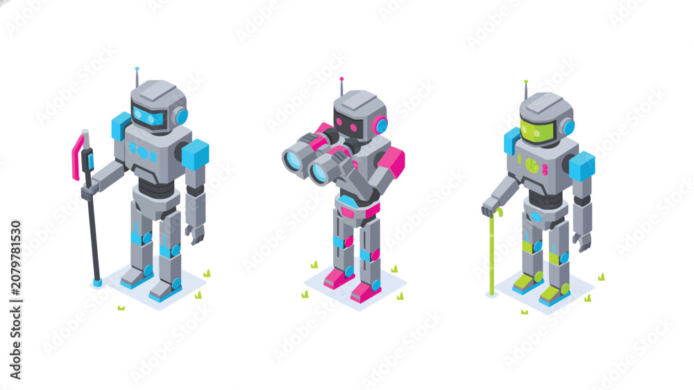 Naklejka premium Three stylized robots in isometric view, each with unique accessories and color schemes, representing technology and artificial intelligence.