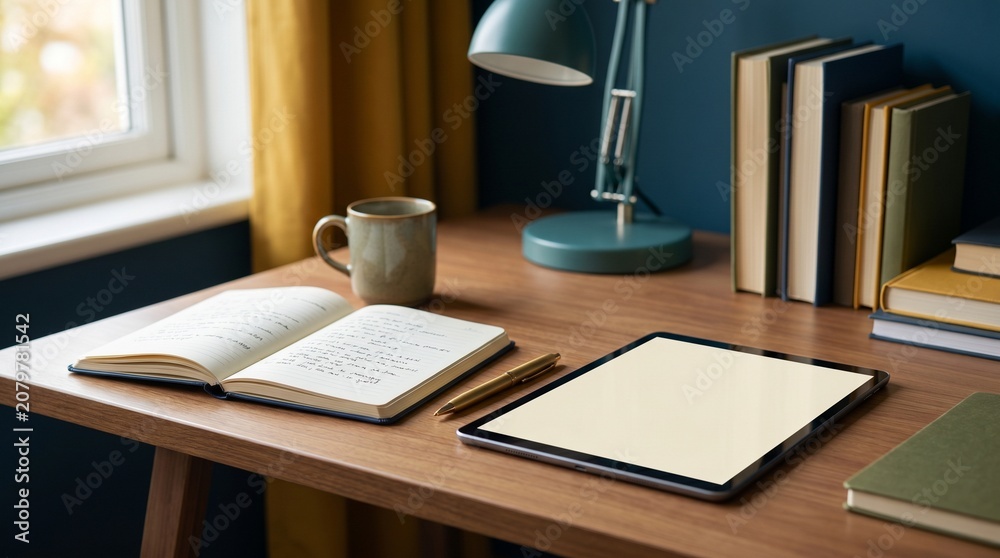 Fototapeta premium Minimalist home office desk setup with open notebook and blank tablet screen for remote work study or creative planning in a cozy workspace environment