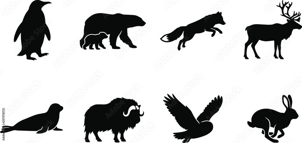 Obraz premium Arctic and Polar Animals Silhouette Vector Icon Set Featuring Polar Bear Penguin Seal and Reindeer