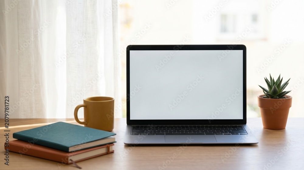 Fototapeta premium Minimalist home office workspace with blank laptop screen, coffee mug, notebooks and succulent plant on wooden desk for remote work or study mockup