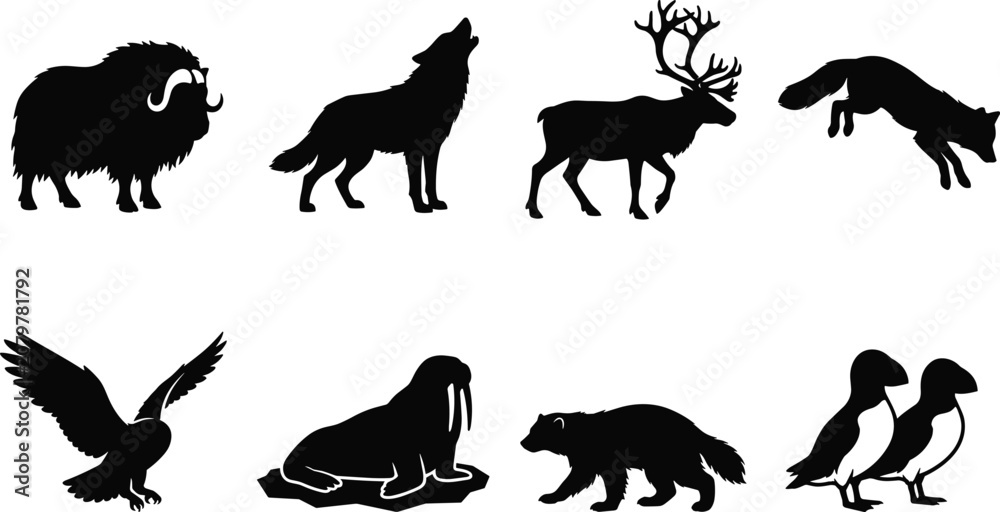 Obraz premium Arctic animals silhouette collection vector set of polar wildlife isolated on white background