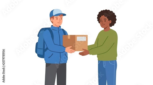 Professional Delivery Man Handing Cardboard Parcel Box to Female Customer, Online Shopping Concept