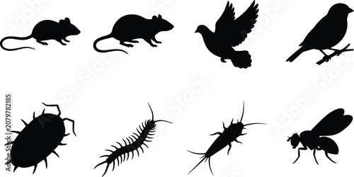 Bild auf Leinwand Common Household Pests and Vermin Silhouette Vector Icon Set Featuring Rodents B