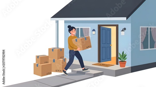 Happy young woman carrying cardboard box into her new house, moving in day concept illustration