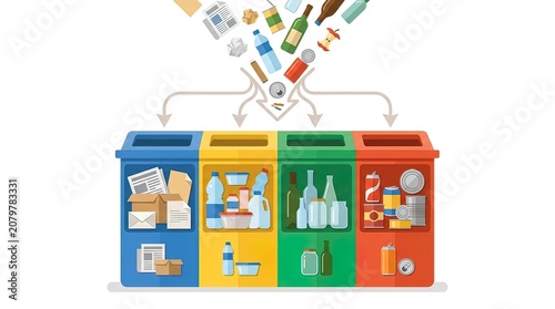 Vector Illustration of Waste Management and Sorting System with Colorful Recycling Bins for Trash