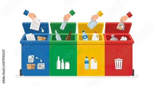 Vector Illustration of People Sorting Waste into Colorful Recycling Bins for Sustainable Management