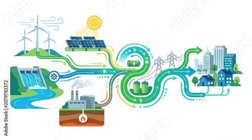 Sustainable Green Energy Infrastructure Infographic with Solar Wind Hydro and Power Grid for Eco City