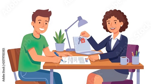 Young Man Signing Real Estate Contract and Receiving House Keys from Professional Female Broker