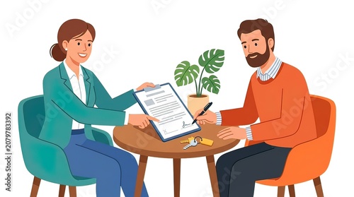 Real Estate Agent Showing Client Where to Sign Property Contract or Mortgage Agreement with House Keys