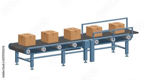 Automated Industrial Conveyor Belt with Cardboard Boxes for Warehouse Logistics and Production Line