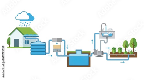 Rainwater Harvesting System Diagram Showing Collection Filtration and Reuse for Household and Irrigation