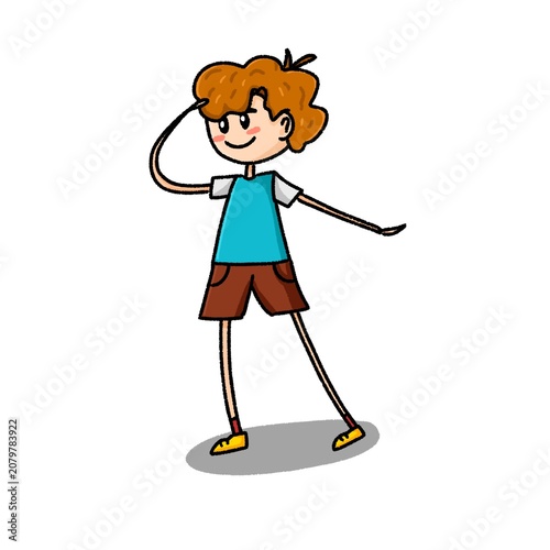 Foto Cheerful Cartoon Boy with Brown Hair Wearing Blue Shirt and Brown Shorts Waving