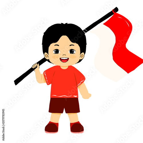 Cute Little Boy Holding Indonesian Flag Cartoon Illustration