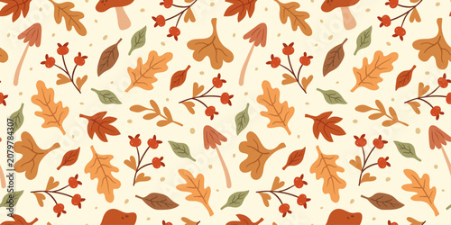 Autumn cozy seamless pattern with leaves, mushrooms, and berries
