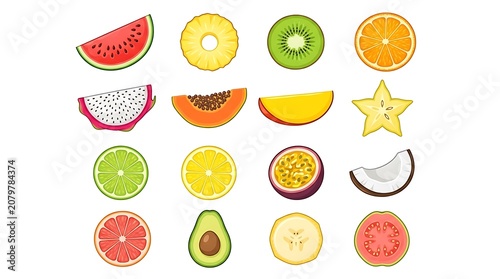 Colorful fruit and berry icons set on white background.