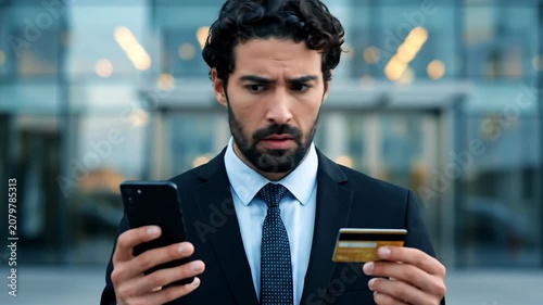 Confused businessman looking at his credit card and smartphone, experiencing online banking issues or fraud.