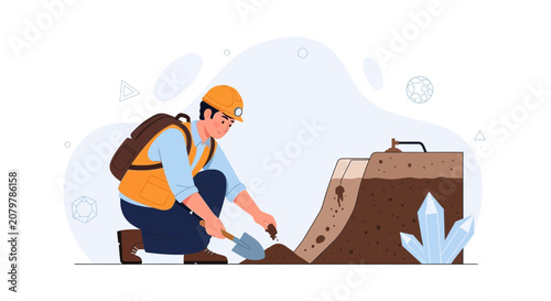 Geologist Digging for Crystals and Minerals in Earth Layers, Illustration